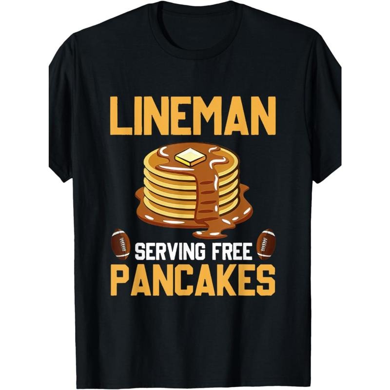 Fashionable Lineman Serving Free Pancakes T-Shirt, Men's Funny Short Sleeve Tee for Young Husband, Slight Stretch Round Neck T-Shirt made in usa