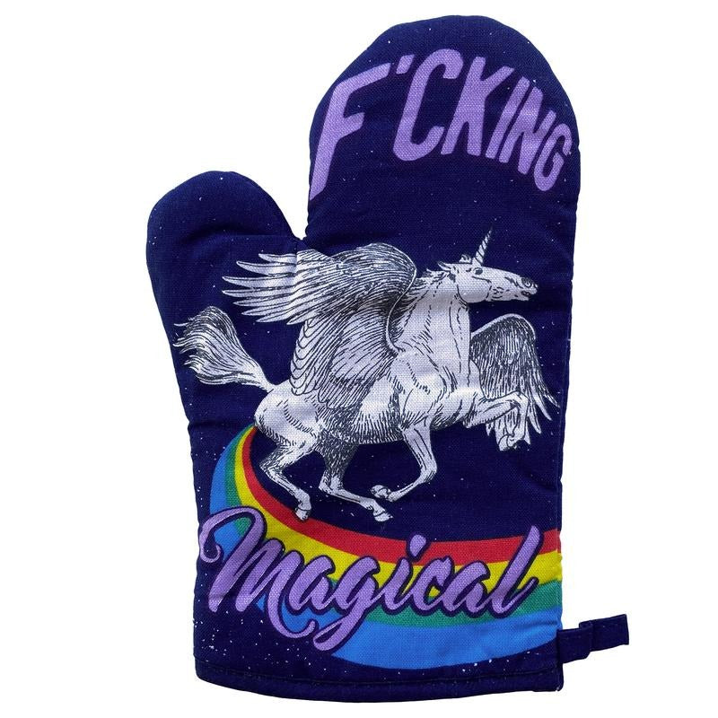 Fcking Magical Oven Mitt Funny Mythical Unicorn Horse Kitchen Glove Funny Graphic Kitchenwear Funny Unicorn Novelty Cookware Purple