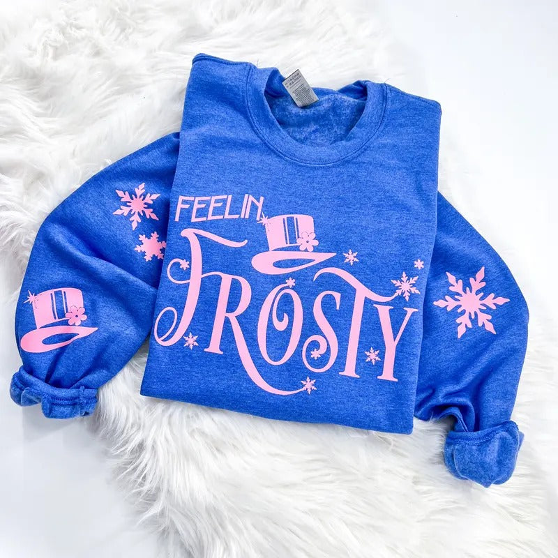 Feelin' Frosty Retro Christmas Sweatshirt or Hoodie with sleeve prints Comfy Unisex Tops