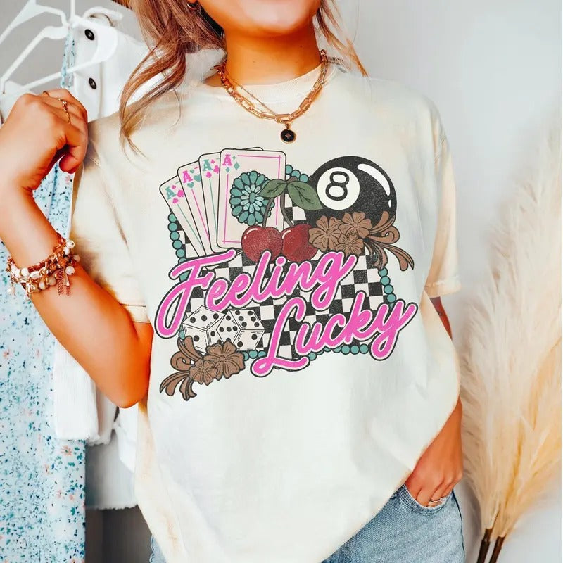 Feeling Lucky Western Graphic Tee Retro Checkered Rodeo T-Shirt Vintage Cowgirl Rodeo Unisex Wild West Gift For Her 8 Ball