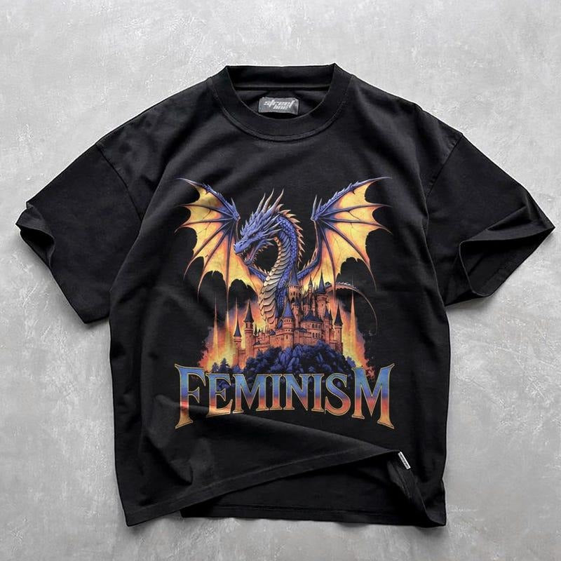 Feminism Dragon Fantasy Vintage Graphic Shirt, Retro Dragon Shirt, Feminism Shirt, Funny Gifts, Dark Art Grunge Castle Dragon Gothic Shirt