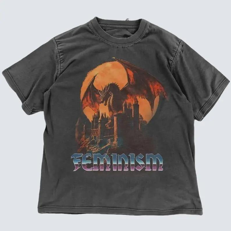Feminism Dragon Graphic T-Shirt - Gothic Fantasy Dragon Castle Tee - Feminist Dark Fantasy Tee - Vintage Feminism Graphic Shirt