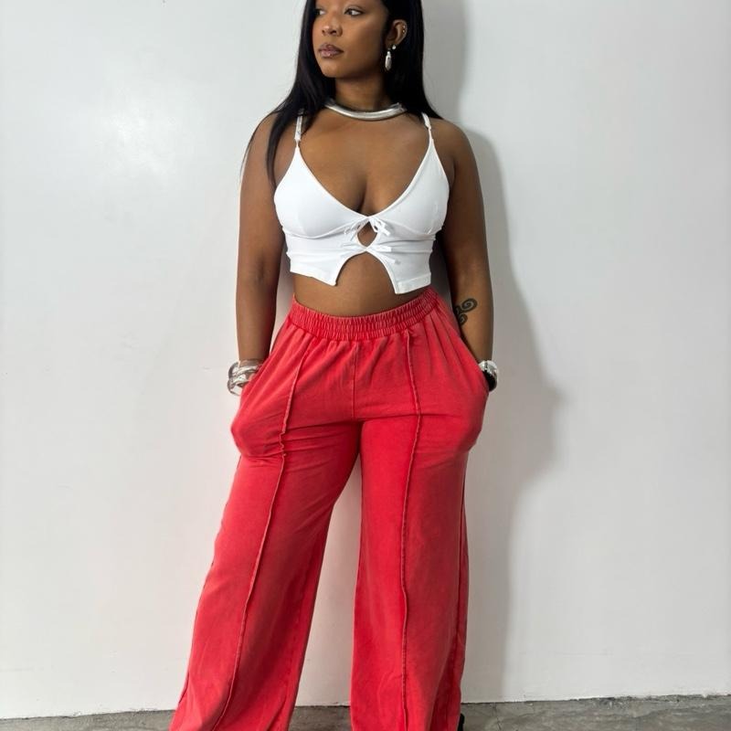 Fire Ash Red Stretchy Wide Leg Jogger - Comfortable Fit, Trendy Design, Vibrant Color for Workouts and Casual Outings