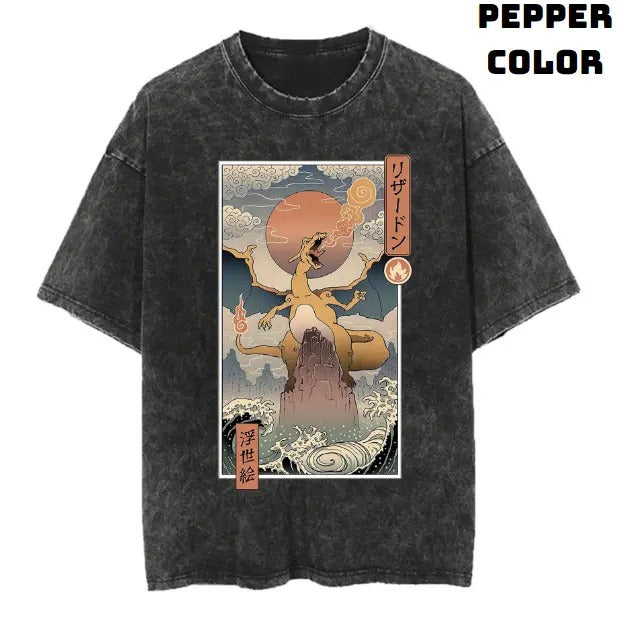 Fire Dragon Ukiyo-e Vintage Tee, Charizard T-Shirt, Pokemon Graphic Tees, Unisex Anime Manga Shirt Top Menswear Womenswear Streetwear