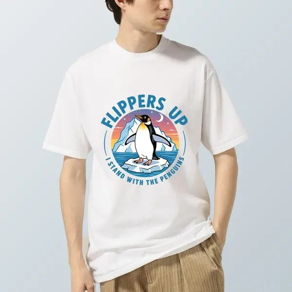 Flippers Up I Stand With The Penguins Statement Tee for Activists Unisex Cotton Meme Shirt Funny Menswear Tshirt