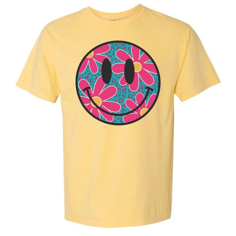 Floral Cheetah Happy Face Comfort Colors T-Shirt 'NLB'