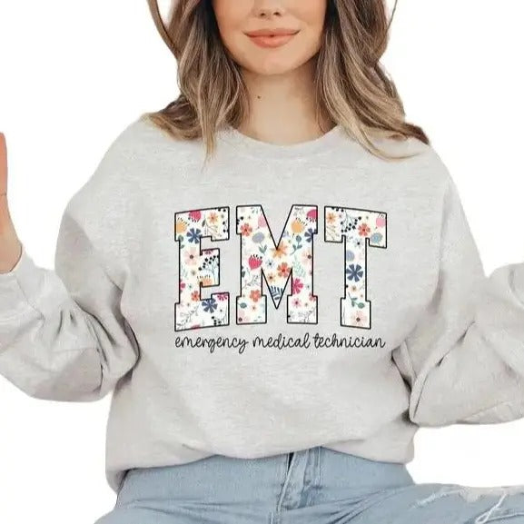 Floral EMT Nurse Sweatshirt, Floral EMT Nurse Shirt, Emergency Medical Technician Crewneck Shirt, Paramedic Casual Classic Collar Cotton Jersey Knit Bottom Everyday