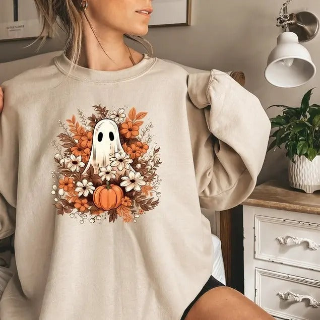 Floral Ghost Shirt, Halloween Ghost Sweatshirt, Flower Halloween Shirt, Vintage Sweatshirt, Fall Sweater