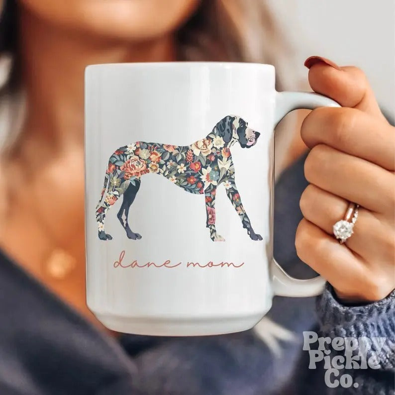 Floral Great Dane Mom Mug, Dog Lover, Gift for Her, Dog Mom Mug, Birthday, Christmas, Mothers Day, Family Pet Gift Custom Ceramic Mug