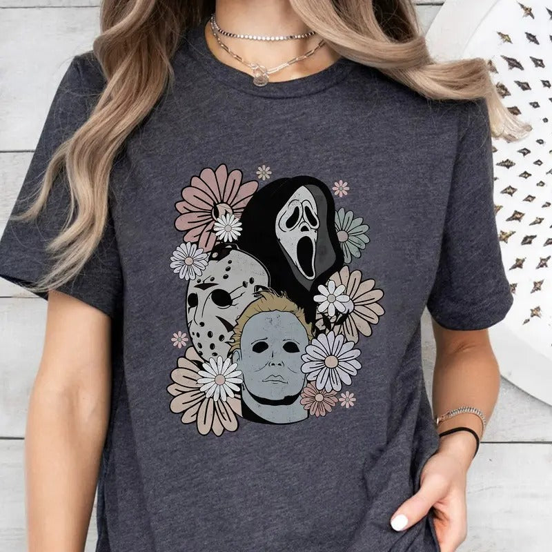 Floral Horror Movies Halloween Shirt, 90s Halloween Sweatshirt, Retro Halloween Tee, Oversized TShirt for Women, Gift for Her