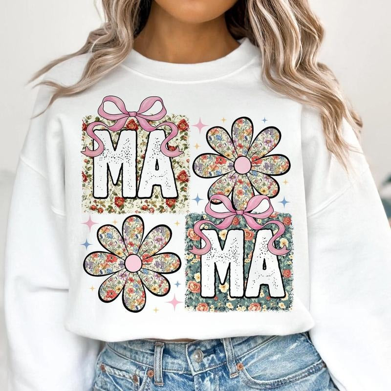 Floral Mama Coquette Bow Tee, Retro Mama Flower Shirt, Mama Groovy, Preppy Shirt, Mothers Day Gift