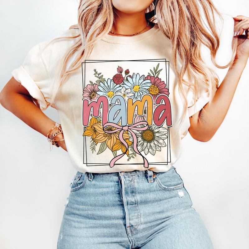 Floral Mama Coquette T-Shirt, Retro Mama T-Shirt, Mothers Day T-Shirt, Mama Varsity T-Shirt, Spring Floral T-Shirt, Gift for Mom, Pink Mama T-Shirt, Preppy Mama