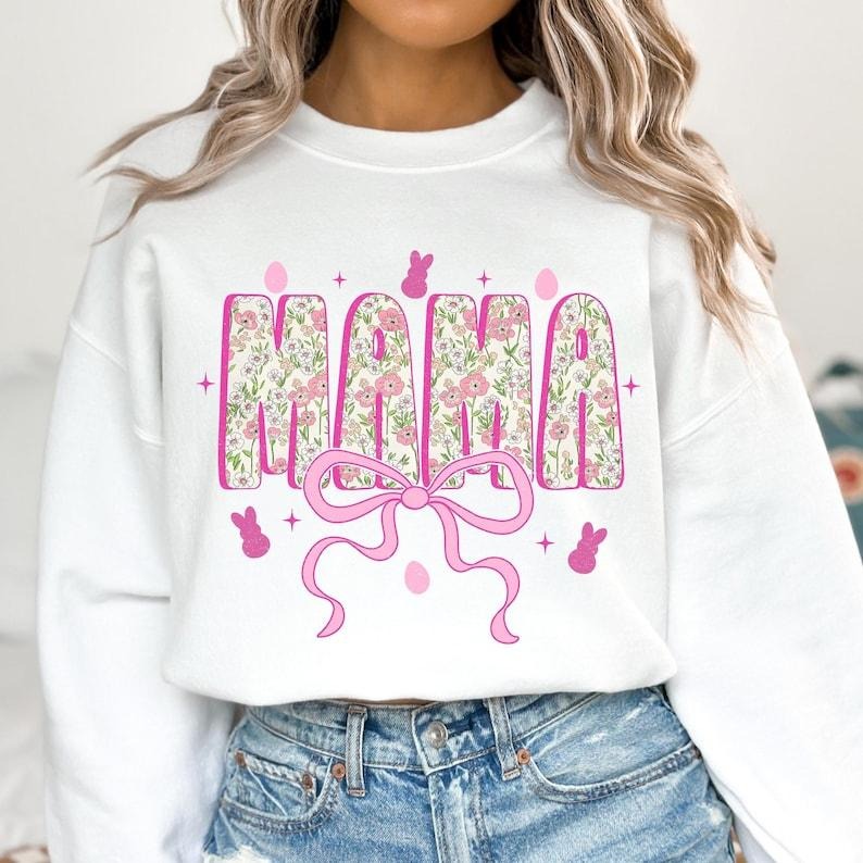 Floral Mama Easter Coquette , Happy Easter , Pink Floral Chinoiserie , Pink Toile Easter Rabbit , Mama Varsity , Girls Easter Sweatshirt
