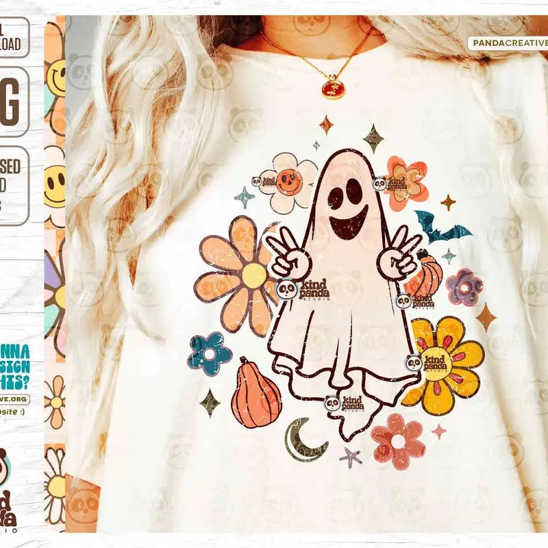 Floral Peace Ghost Png Halloween Sublimation Retro Fall Png Spooky Season Groovy Halloween Shirt Png Smile Ghost Png Digital Download