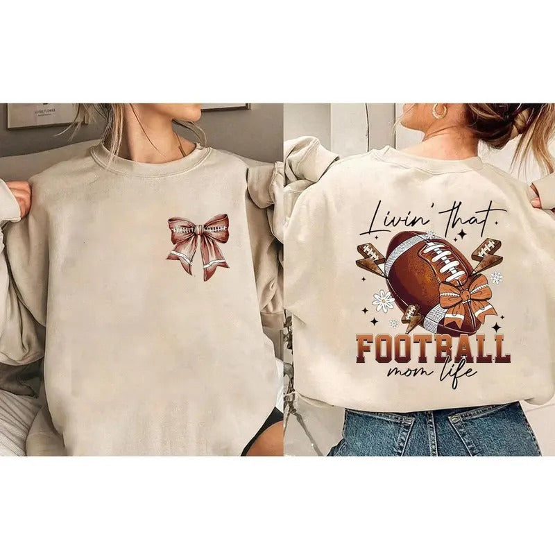 Football Bow Sweatshirt, Livin That Football Mom Life Sweatshirt , Christmas sublimation, Trending, Retro Holidays,Girly Christmas