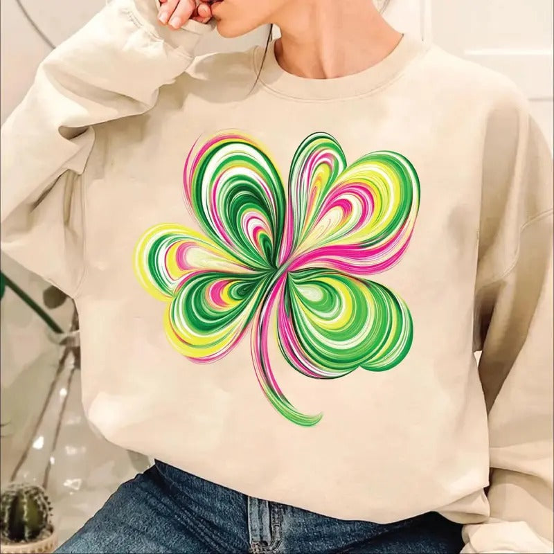 Four Leaf Clover Brushstroke Sweatshirt, St Patrick's Day Tee Shirt, Irish Shamrock Sweater, St Patty Day T-Shirt, Lucky Season Shirt