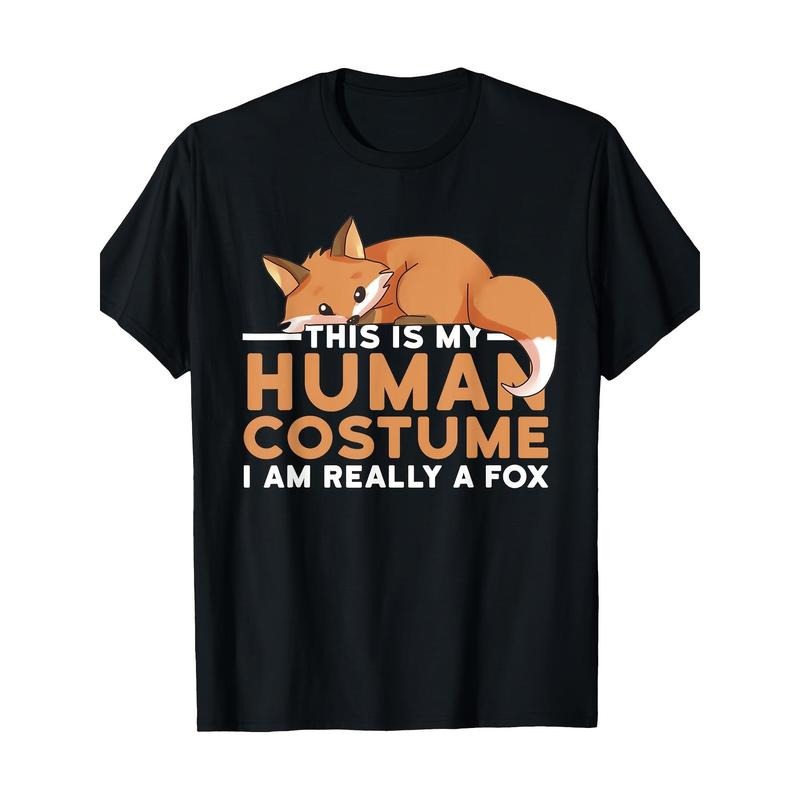 Fox Halloween T-Shirt - Funny "This Is My Human Costume" Design, 220g, Perfect for Halloween Party or Cosplay made in usa