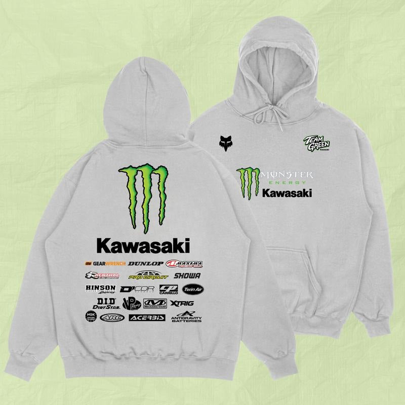 Fox Racing Monster Energy 2 Sides Hoodie, Mens KawasakIi Team Green Moto Shirt, Fox Racing Hoodie, Classic Cotton