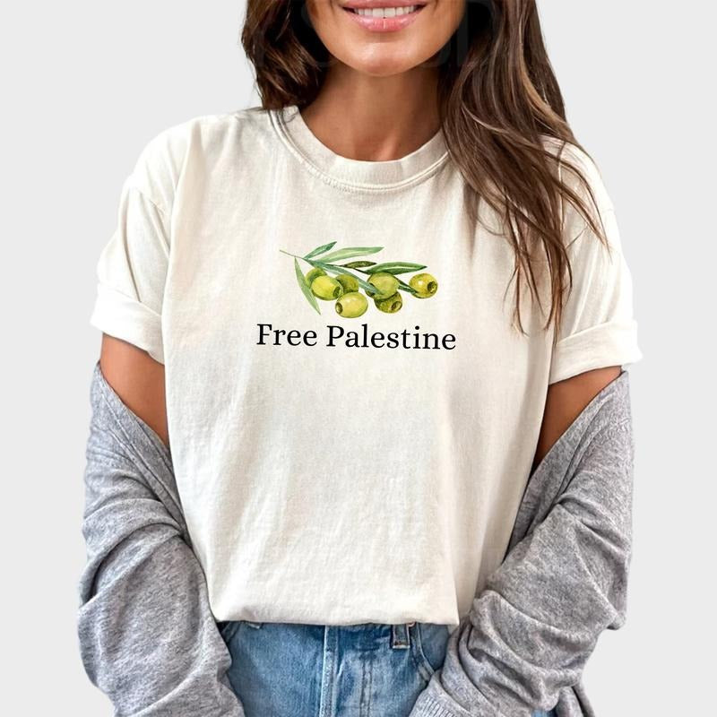 Free Palestine Shirt, Palestine Olives Graphic Tee Women, Gaza Palestine Printed T-Shirt, Palestinian Fruits Unisex Shirt, Comfy Oversized Graphic Tee, Gift For Palestinian, Tops For Women, Womenswear Cotton Fabric Comfort Chic Style