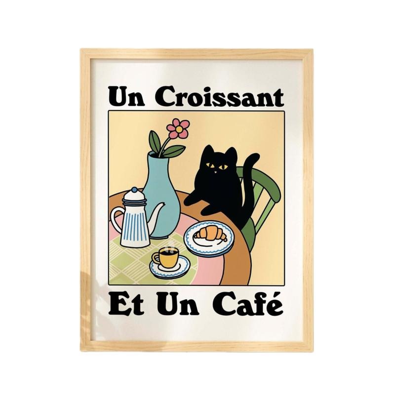 French Cafe Croissant Cat Print, Retro Drink Poster, Kitchen Decor Print, Gifts For Friends Besties Bedroom Decor, Poster Prints No Frame, Wall Art Room Decor, Art Posters, Gifts For Birthday