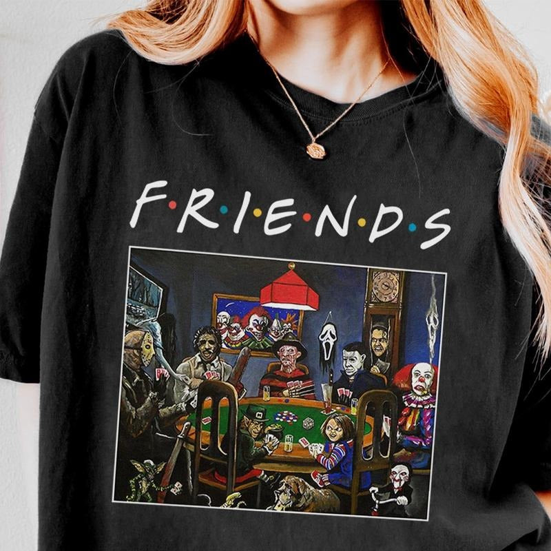 Friends Horror Team Playing Cards Halloween TShirt Jason Voorhees Michael Myers Lovers T Shirt Horror Halloween Shirt