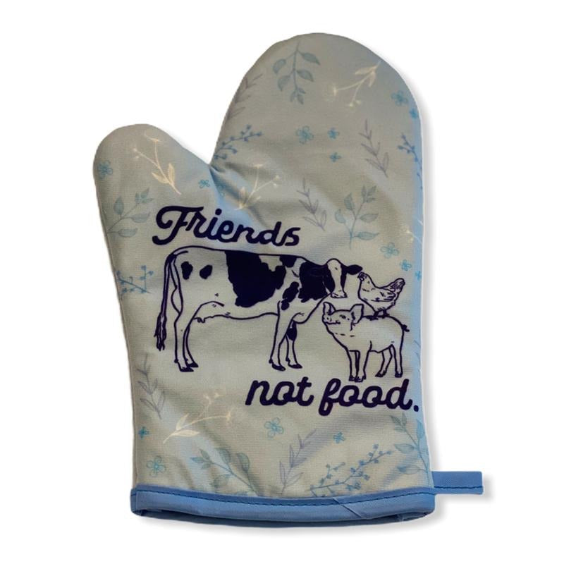 Friends Not Food Oven Mitt Cow Pig Chicken Vegan Plant Based Graphic Baking Glove Funny Graphic Kitchenwear Funny Food Novelty Grey