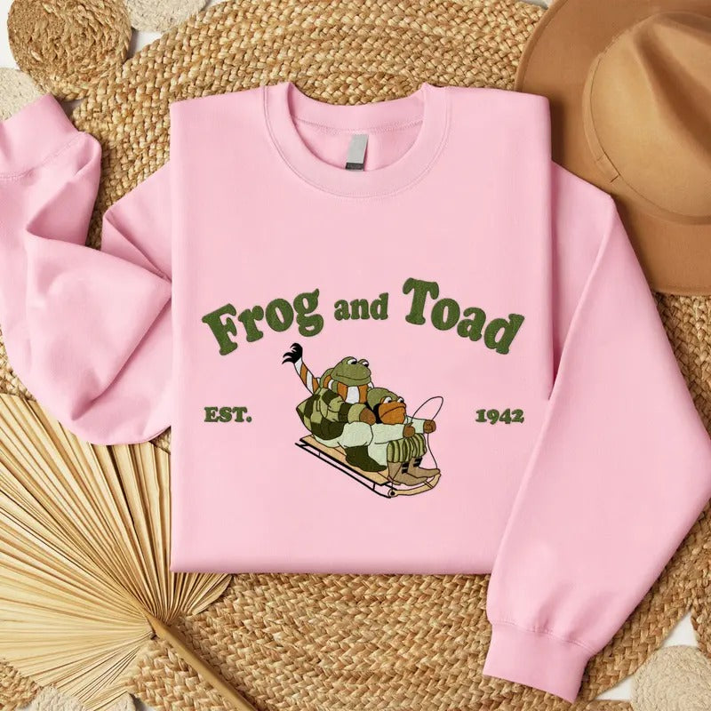 Frog And Toad Embroidered Shirt, Vintage Classic Book On Sled Cover Embroidered T-Shirt, The Lovers Frog And Toad Embroidered Tee, 90s Classic Book Embroidered Shirt