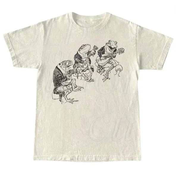 Frog Musicians 90s Retro Shirt, Vintage Frog Graphic T-Shirt, Cute Funny Frog Tee, Frog Lovers Cotton Tee, Unisex Beige Shirt, Toad Shirt, Funny Shirt Menswear Top Underwear Man Tshirt Streetwear