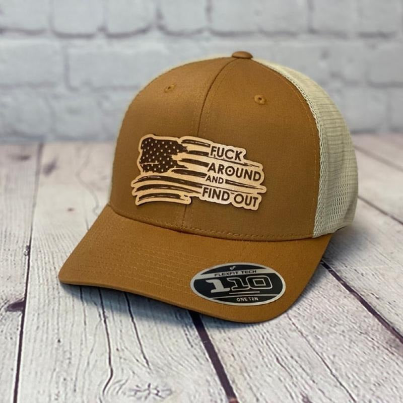 Fuck Around And Find Out American Flag Hat, Laser Engraved Leather Patch Hat, Leather Patch Snapback Cap, Trucker Hat