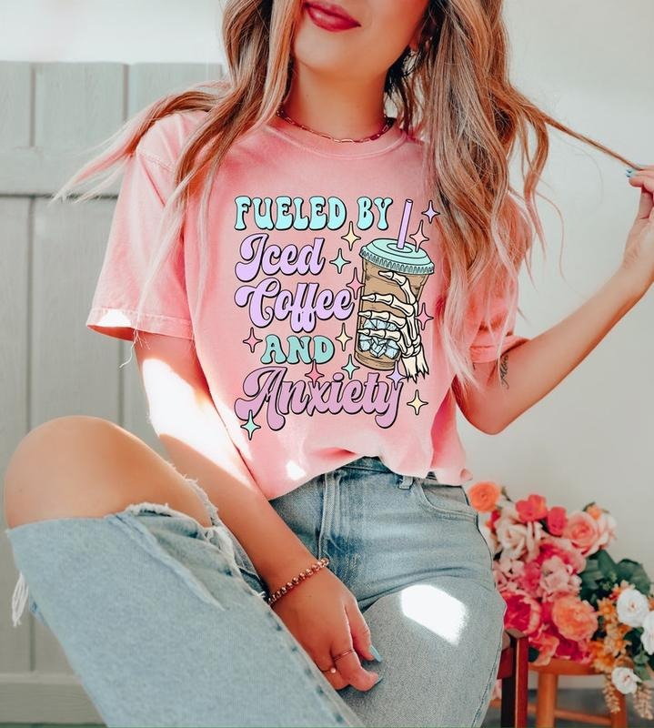 Fueled by Iced Coffee and Anxiety Shirt,Mother's Day Shirt, Mom Iced Coffee Tshirt, Mama Anxiety Shirt Tshirt, Coffee Shirt,Retro Mom shirt Cotton Top