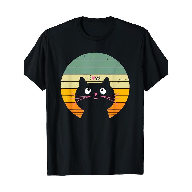 Fun and cute Retro Sunset Retro style Cat Love T-shirt -100% cotton Made in USA