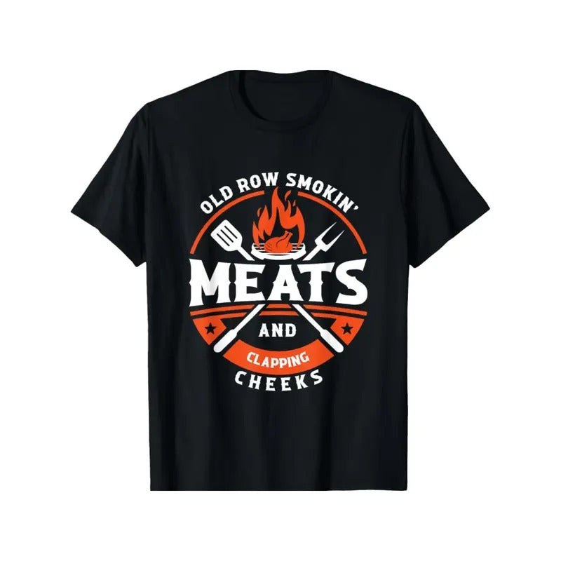 Funny 'Smokin' Meats & Clapping Cheeks' T-Shirt - 100% Cotton, Casual Round Neck Tee for Men & Women - Perfect Gift for Dad or Mom, Best for Christmas Made in USA