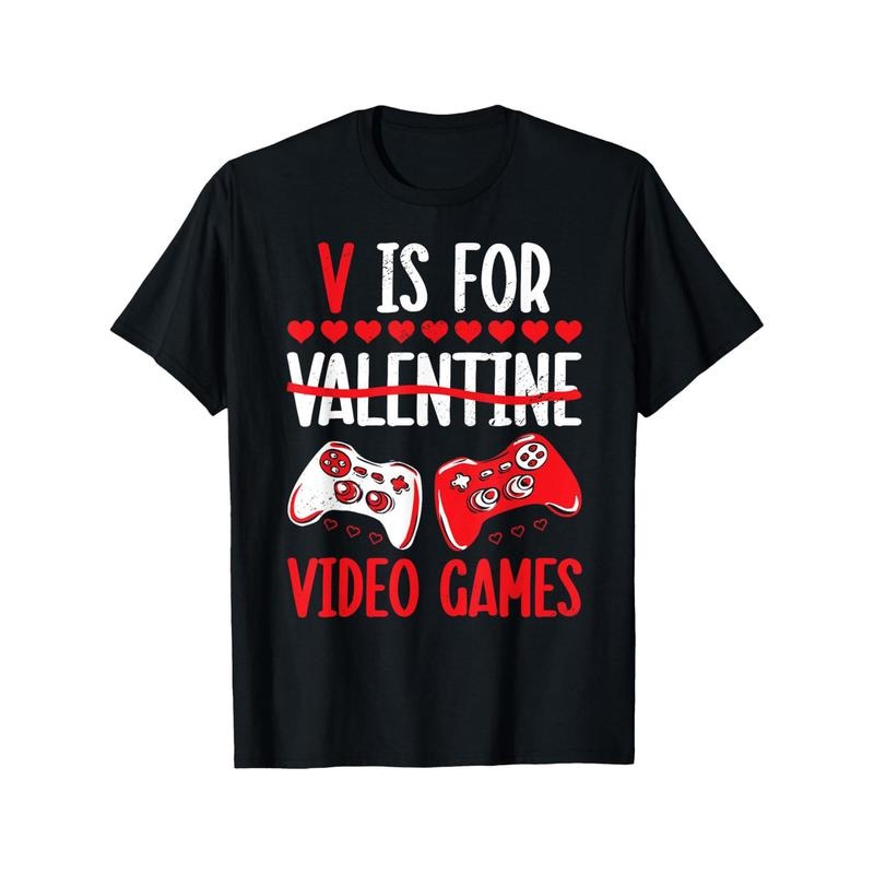 Funny 'V Is for Video Games' Valentine's Day T-Shirt for Men - 100% Cotton, Casual Crewneck Tee with Novelty Graphic Design, Perfect Gift for Boyfriend or Lover made in usa