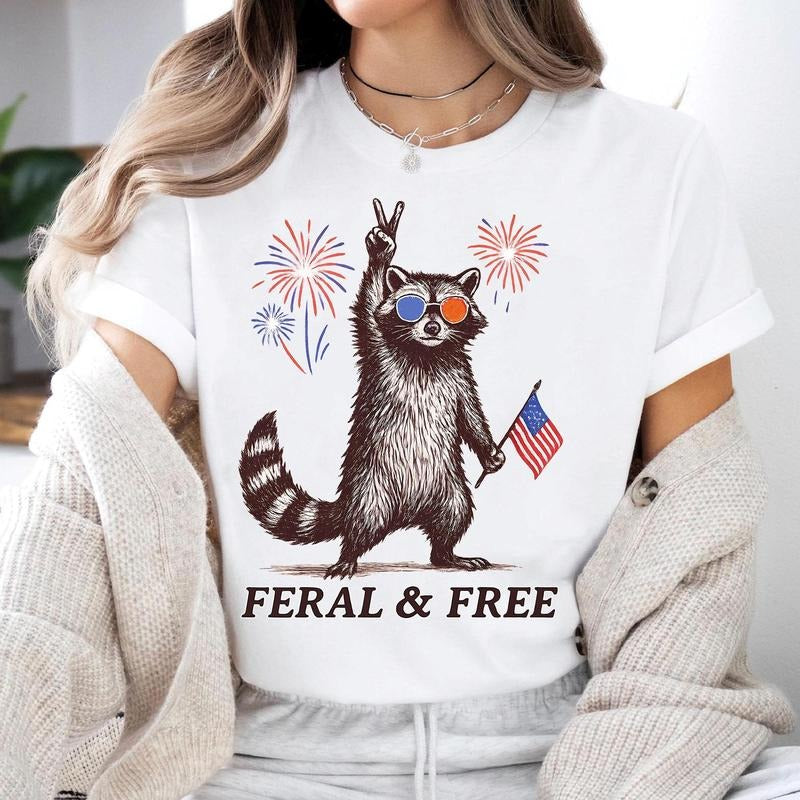 Funny 4th of July Shirt Shirt, Feral & Free Raccoon Shirt, American Feral Girl Summer Meme Sweatshirt,Patriotic Independence Day Gift Cotton Fabric Casual Fit