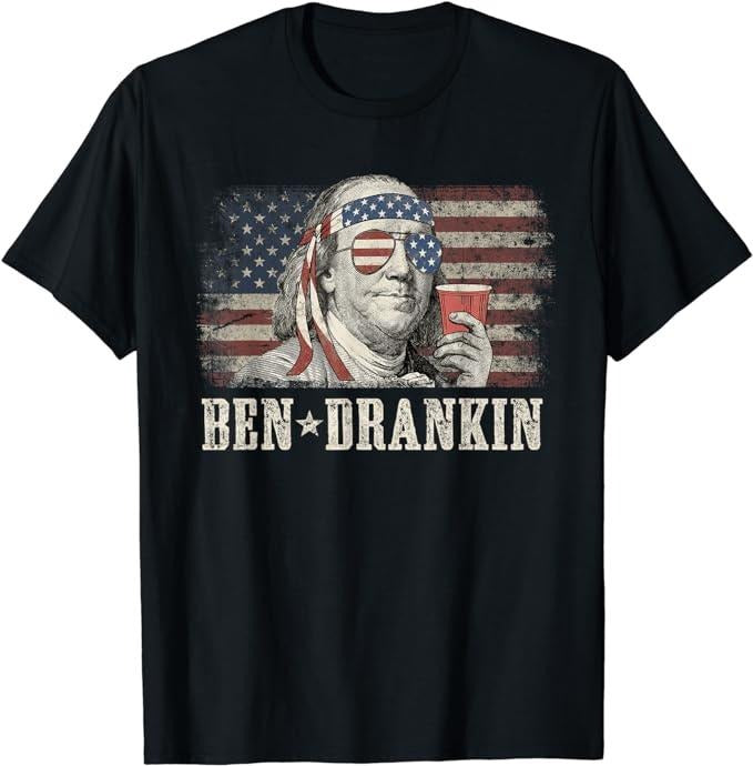 Funny 4th of July Shirts For Men, Ben Drankin Beer 4th of July Vintage Flag Funny T-Shirt Menswear Top Casual Cotton