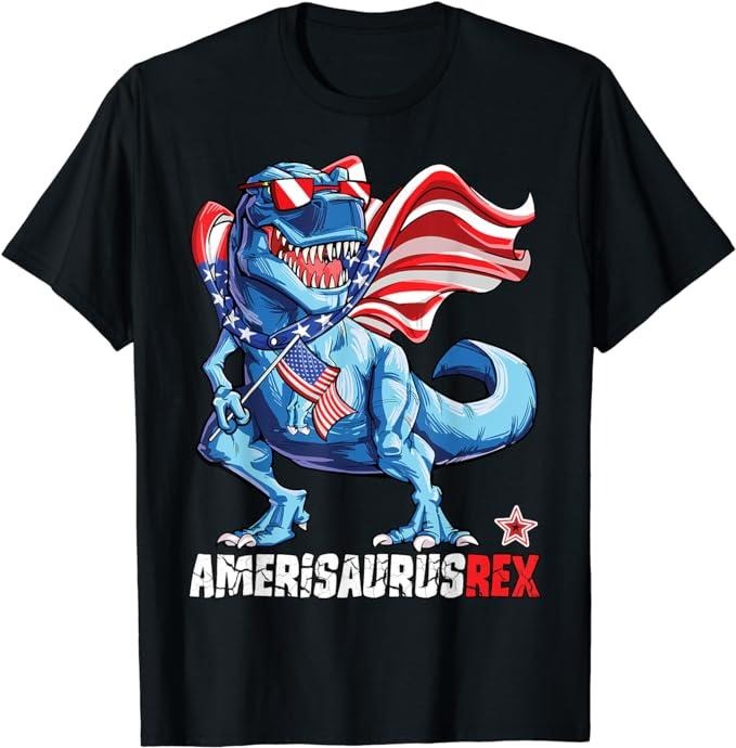 Funny 4th of July Shirts For Men, Dinosaur 4th of July Amerisaurus T Rex Funny T-Shirt Menswear Top Casual Cotton