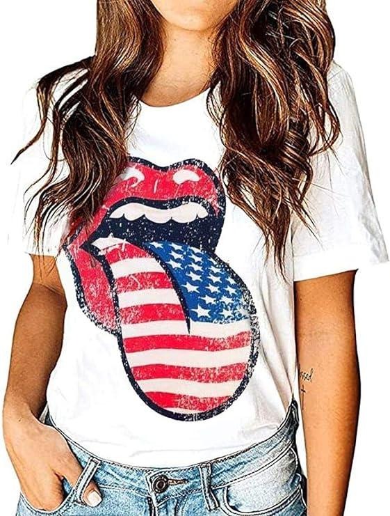 Funny 4th of July Shirts For Women, American Flag Lips T-Shirt Funny July 4th Independence Day Graphic Tees Tops Casual Cotton