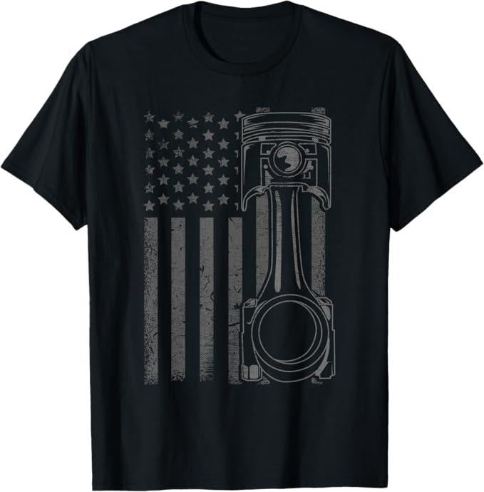 Funny Auto Mechanic Shirt, Vintage American Flag Piston Funny Muscle Car Mechanic Gift T-Shirt - Menswear Casual Cotton