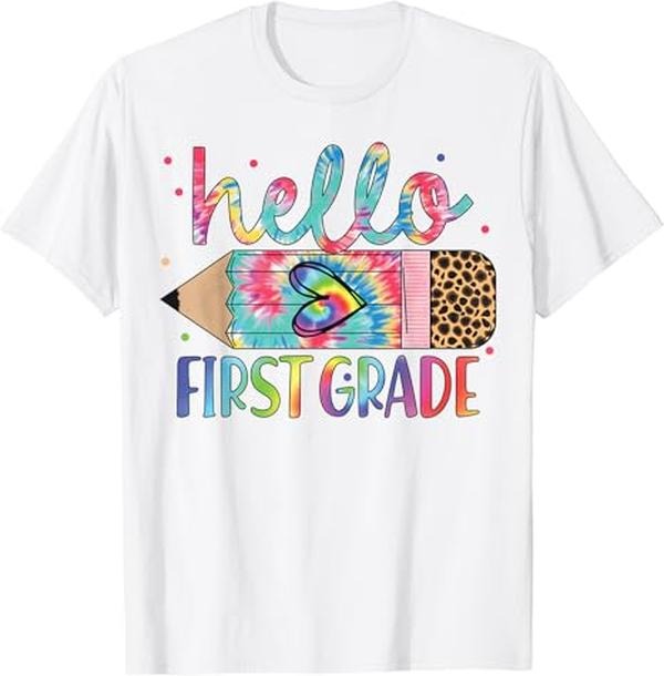 Funny Back To School Shirts, Hello 1st Grade Leopard Pencil Tie Dye Funny Back To School T-Shirt Cotton Fashion Casual Classic