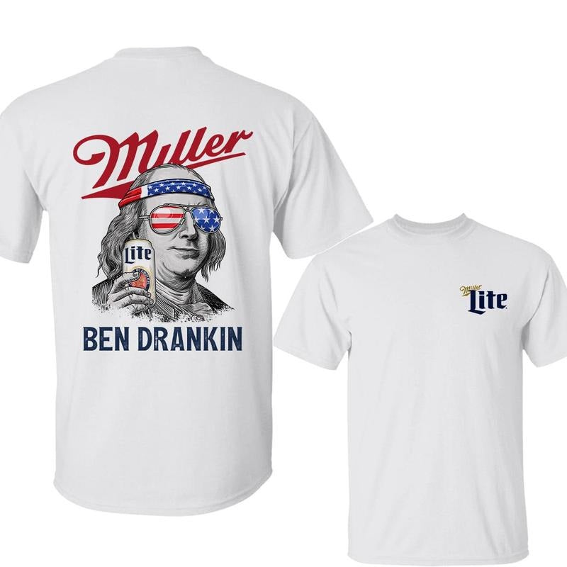 Funny Benjamin Franklin Drinking Miller Lite T-Shirt, Vintage Patriotic Cotton Shirt, Trendy Apparel, Perfect Gift for 4th of July Celebration