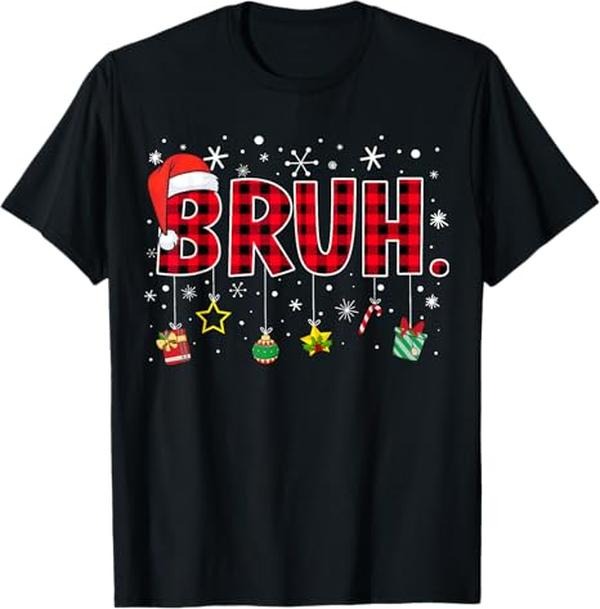 Funny Bruh Shirt, Bruh Funny Christmas Red Plaid Xmas Pajamas T-Shirt - Menswear Top