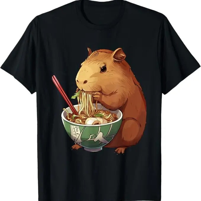 Funny Capybara Shirt, Cute Kawaii Capybara Eating Japanese Ramen Noodles Anime T-Shirt Cotton Menswear Top
