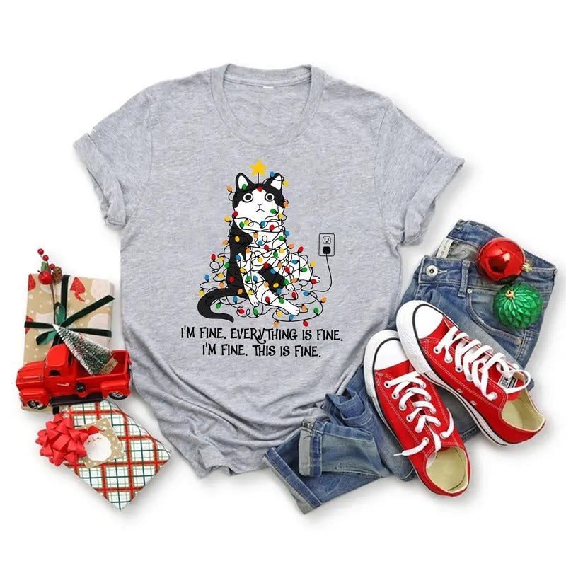 Funny Cat Christmas Shirt Everything Is Fine Christmas Shirt Christmas Lights Cat Shirt Cat Lover Shirt