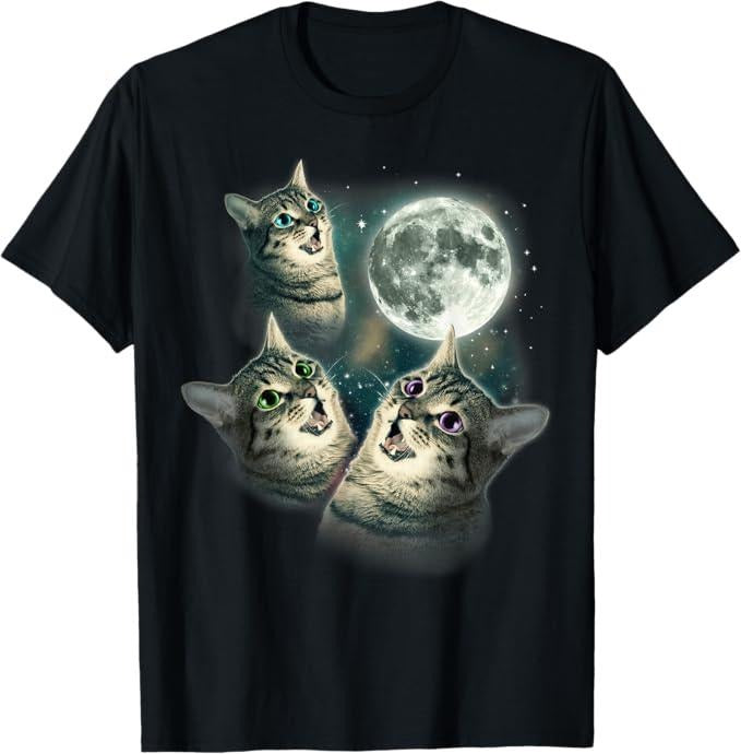 Funny Cat Shirts, Funny Cat Shirt Three Cat Moon 3 Wolfs Cute Kitten Graphic T-Shirt - Menswear Top