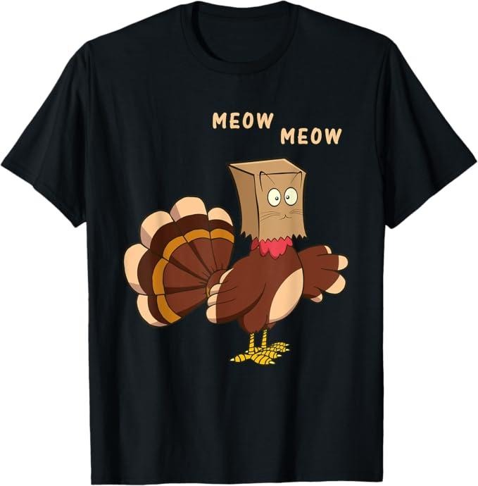 Funny Cat Shirts, Thanksgiving Cat Funny Fake Cat Meow Thanksgiving Turkey T-Shirt - Menswear Top