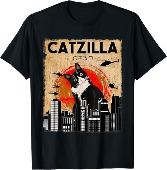 Funny Cat Shirts, Vintage Catzilla - Funny Tuxedo Cat And Kitten T-Shirt - Menswear Top