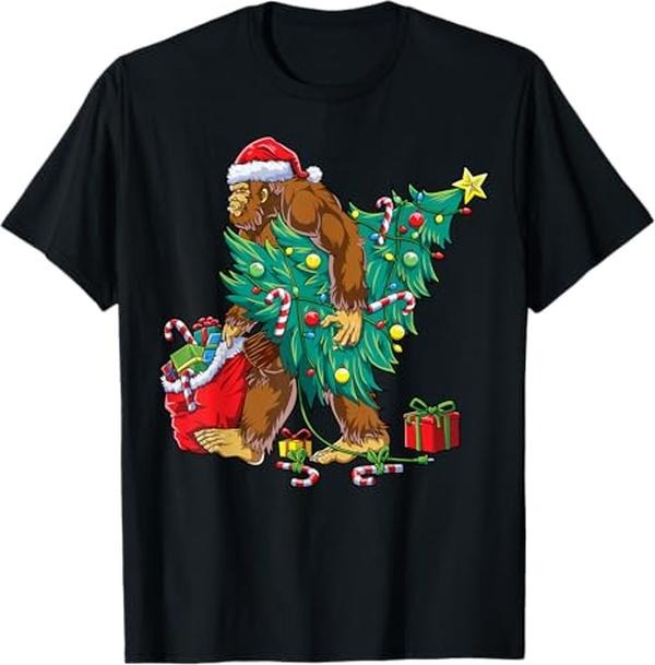 Funny Christmas Shirts, Bigfoot Christmas Tree Lights Xmas Boys Men Sasquatch Lovers T-Shirt - Menswear Top