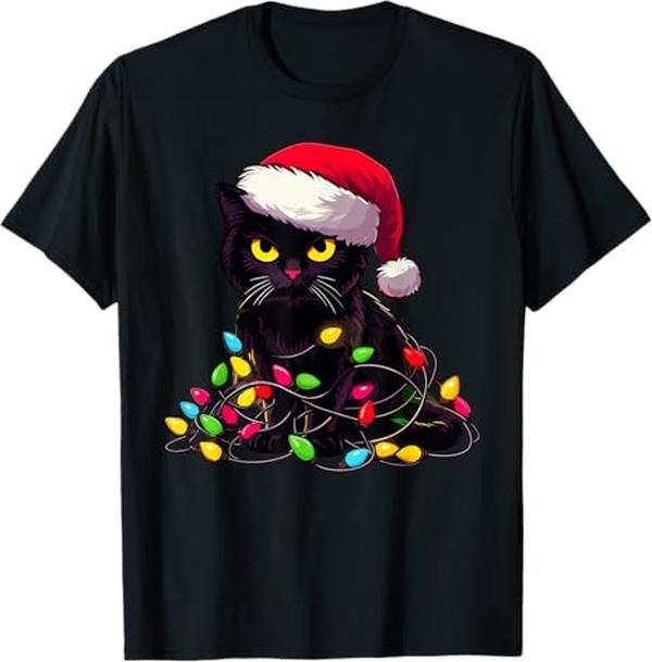 Funny Christmas Shirts, Black Cat Christmas Lights Funny Cat Lover Xmas Santa Claus T-Shirt - Menswear Top