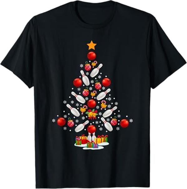 Funny Christmas Shirts, Bowling Christmas Tree Funny Bowling Lovers Novelty T-Shirt - Menswear Top