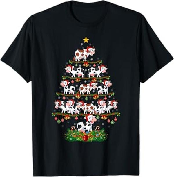 Funny Christmas Shirts, Cow Christmas Tree Funny Cow Lover Cow Xmas T-Shirt - Menswear Top
